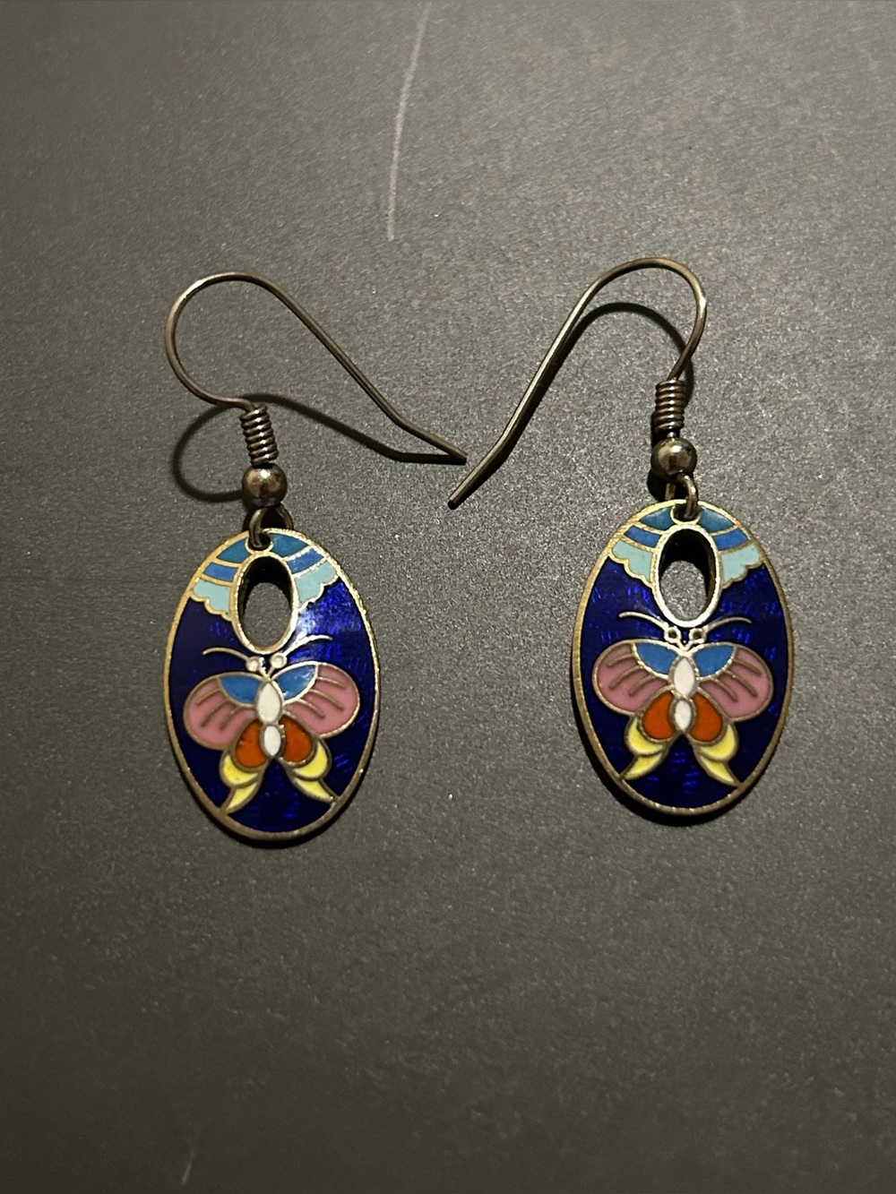 cloisonne blue oval butterfly earrings